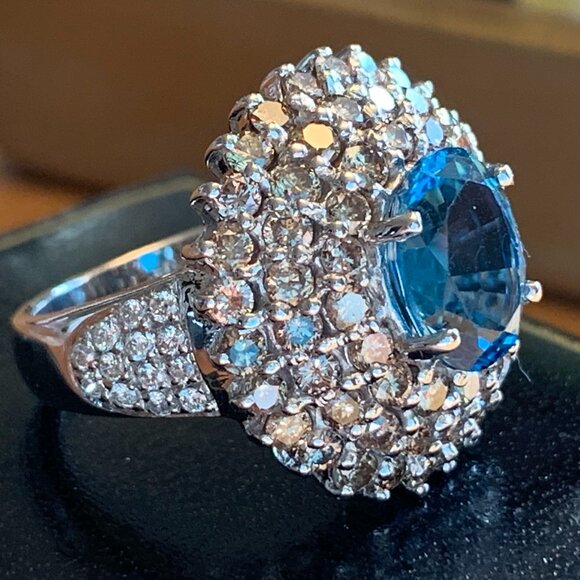 3.25 ct London Blue Topaz 2.15 ctw Diamond Huge 14K Gold Ring Sz 7 New Old Stock - Picture 7 of 9